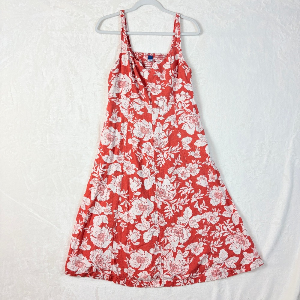 Old Navy Midi Dress Women Sz‎ Large Red Floral Linen Blend Notch Neck Smocked